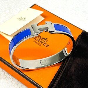Authentic Hermes H Bracelet Clic Clac Bangle Blue Royal Silver